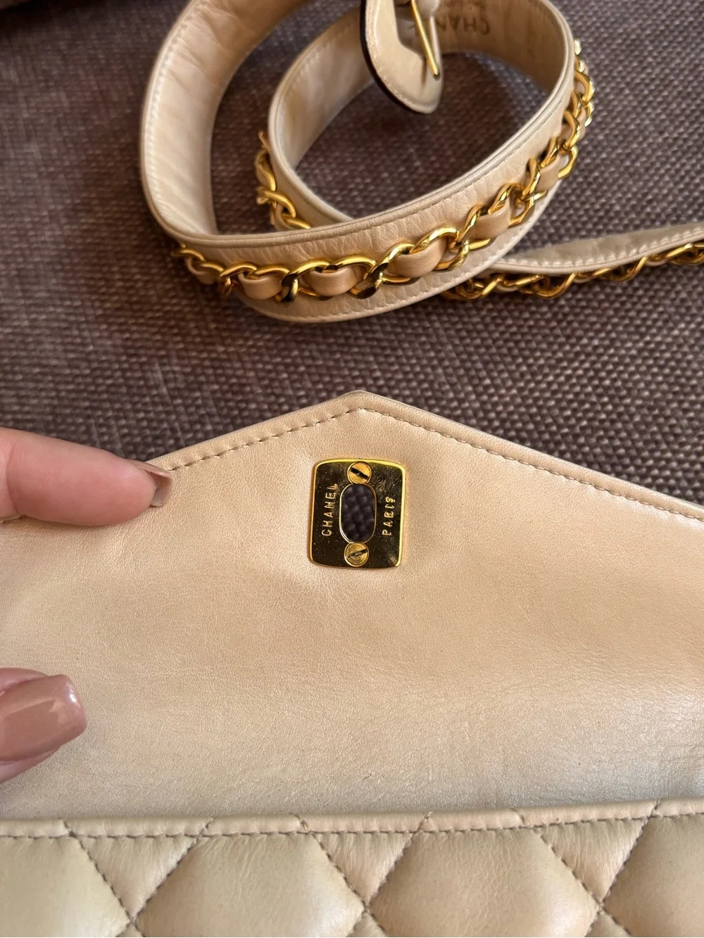 Authentic CHANEL vintage 1980s mini beige lambskin leather bum belt bag 75cm
